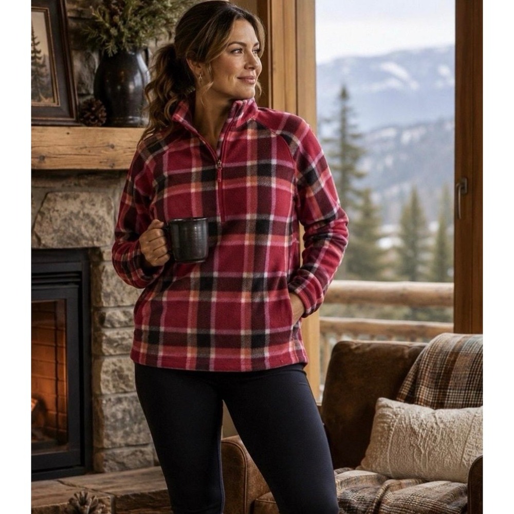 Eddie Bauer Womens Quest Fleece Quarter Zip Pullover Red Pink Plaid Size M